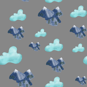 sky with blue clouds and snowy mountains with pine trees on gray background. Seamless pattern. Travel, tourism, flying, movement, adventure, kids print. packaging, wallpaper, textile, fabric design