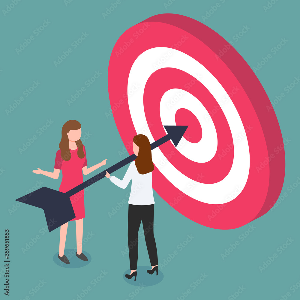 Poster women discussing working tasks and priorities. target with arrow in bullseye. team of workers dealin