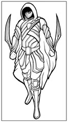 Obraz premium Assassin, character, secret killer, in hood and mask, with two blades in his hands, with a large belt, in a beautiful, striped armor and cloak, in boots, empty, no background, in move, in full growth.