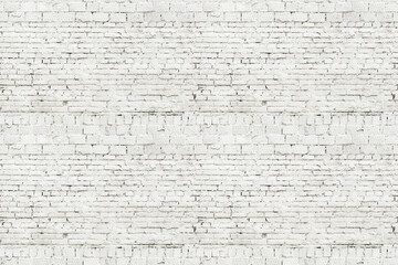 Aged White Grey Paint Brickwall Background. Old White Washed Brick Wall Horizontal Texture.