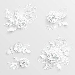 Paper flower. White roses cut from paper. Set.