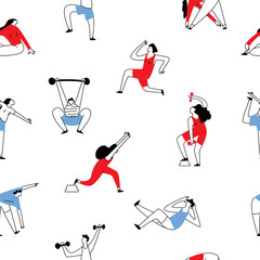 Fototapeta na wymiar Seamless sport exercising people pattern. Training men and women