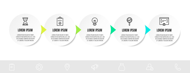 Infographic circles with five steps, arrows. Line vector template. Can be used for diagram, business, web, banner, flow chart, info graph, timeline, content, levels.