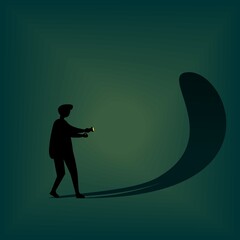 Silhouette of a person in the dark afraid of his own reflection.  Frightened with his own shadow. Facing fear, suppress own ego. Illustration vector