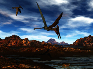 Pterodactylus flying upon water by sunset light © Elenarts