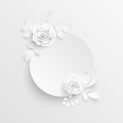 White rose. Round frame with abstract cut flowers. Vector illustration.