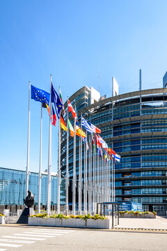 Strasbourg, France - September 13, 2019: Entrance of the Louise Weiss building, inaugurated in 1999, the official seat of the European Parliament which houses the hemicycle for plenary sessions.