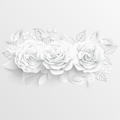 Paper flower. White roses cut from paper. Vector illustration.