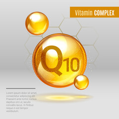 Vitamin Q10 gold shining pill capsule icon . Vitamin complex with Chemical formula, coenzyme Q, ubiquinone. Shining golden substance drop. Meds for heath, beauty ads. Vector illustration.