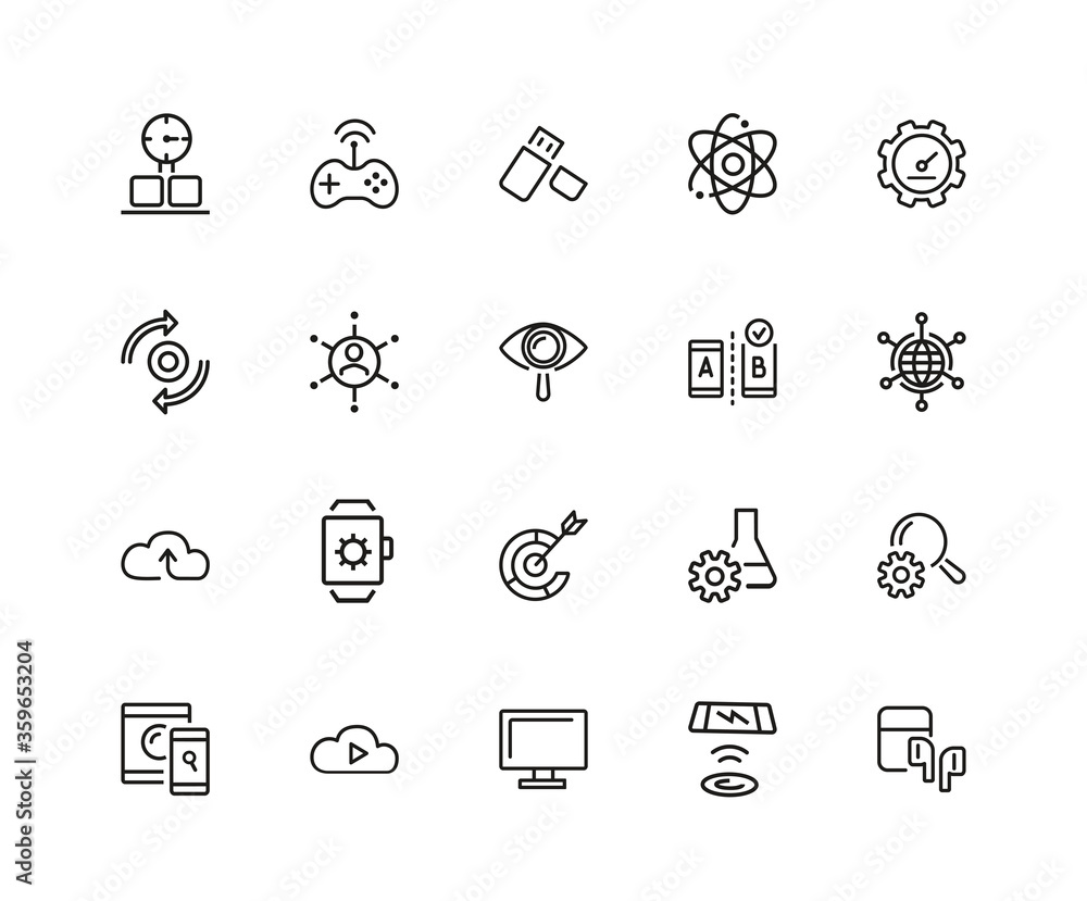 Poster technology icons. set of twenty line icons. smartwatch, wireless game controller, cloud storage. mod