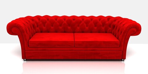 Red velvet classic sofa isolated on white background. 3 d illustration.