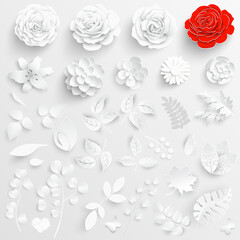 Paper flower. White roses cut from paper. Set.