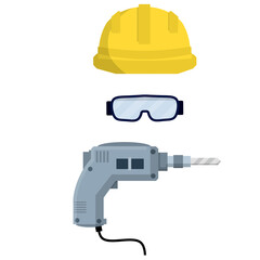 Clothing and tools the worker and the Builder. Yellow uniform, drill, goggles and helmet. industrial safety. Kit items and objects. Type of profession. Cartoon flat illustration