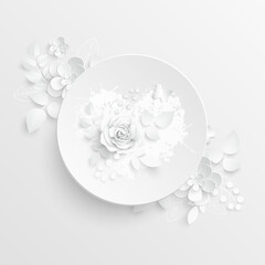 White rose. Round frame with abstract cut flowers. Vector illustration.