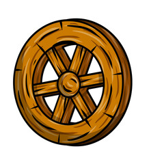 Obraz premium Old wooden cart wheels. A village vehicle in the wild West. Hand drawn cartoon illustration. Brown Detail of wagon with cracks