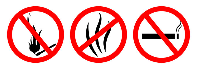 Fire stop sign. Smoke forbidden icon. Cigarette ban. Flame danger symbol. Non ignition. Warning dont tobacco. Flammable forest pictogram. Zone prohibited smoking. Make safety for health. Vector