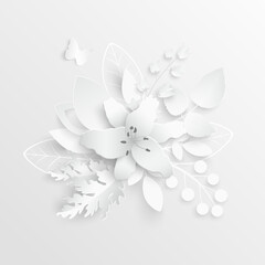 Paper flower. White lilies cut from paper. Vector illustration.