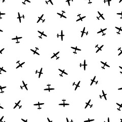 Airplane seamless pattern. Background of planes for travel. Texture of aircrafts for boys. Wallpaper with aviation in air. Military map for flight. Silhouette for airline and tourism. Vector