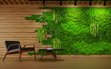 The interior of living room with wood planks and scandinavian moss wall, 3d rendering  