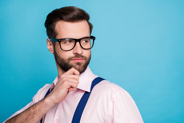 Closeup photo of handsome macho business man trendy clothes guy eyesight care vision specs look...