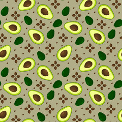 Seamless pattern with avocado, slices, and seeds. Brown vintage wallpaper, background for packaging, fabrics, or other.