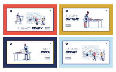 Set of landing pages for online pizza delivery service. Template backgrounds with cartoon restaurant workers