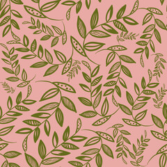 seamless pattern with outline branches and leaves on pink background. delicate print. Linen, textile, fabric, packaging, wallpaper design