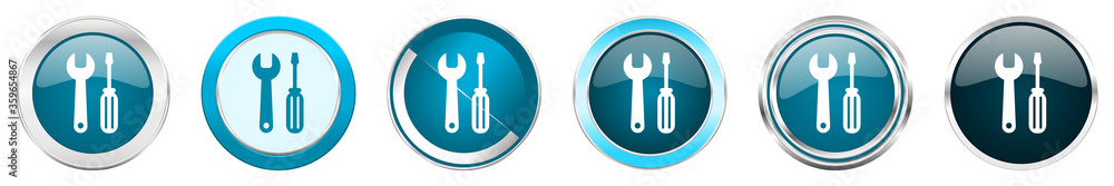 Poster tool silver metallic chrome border icons in 6 options, set of web blue round buttons isolated on whi