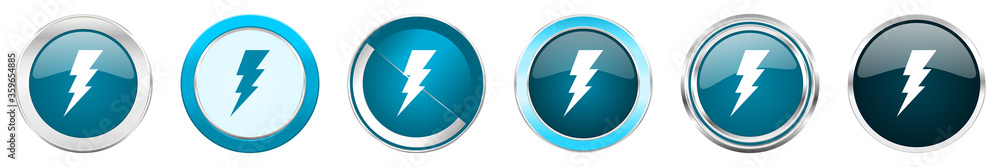 Poster bolt silver metallic chrome border icons in 6 options, set of web blue round buttons isolated on whi