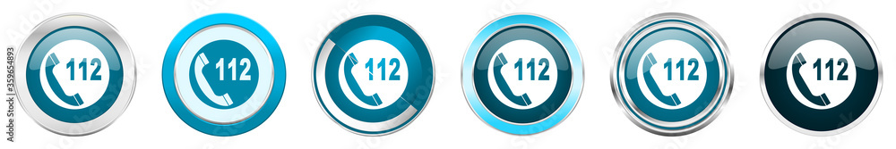 Leinwandbilder emergency call silver metallic chrome border icons in 6 options, set of web blue round buttons isola