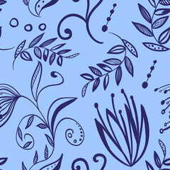 seamless floral pattern with simple doodle blue flowers, leaves, plants, curve lines, branches on a blue background.  linen, textile, fabric, wallpaper, textile, wedding print, design