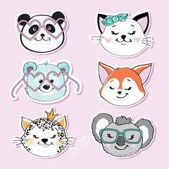 Cute animal heads cat, leopard, bear, panda, fox and koala on a pink background. Fashion patch badges