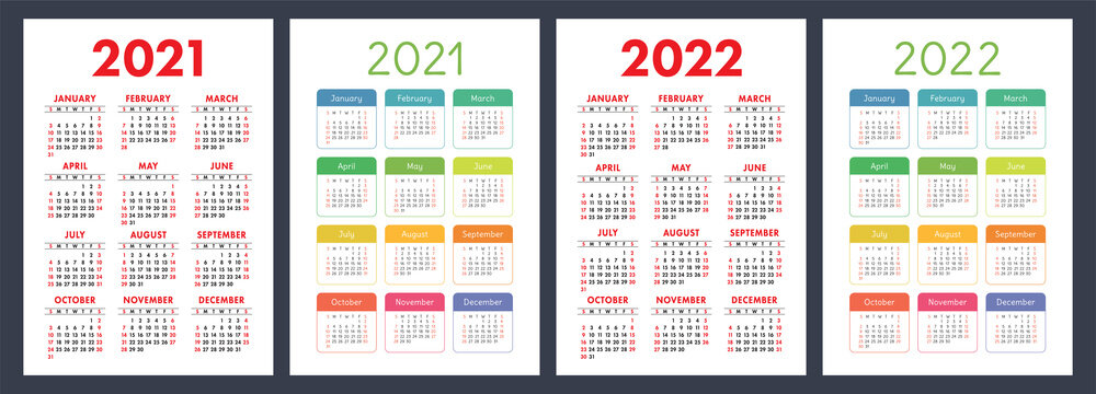Calendar 2021 and 2022. English color vector set. Vertical wall or pocket calender template. Design collection. New year. Week starts on Sunday