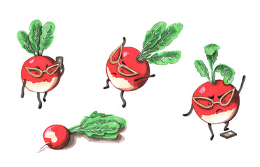 Business radish on nervous work with phone hand drawn character