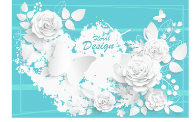 Paper flower. White roses cut from paper. Vector illustration.
