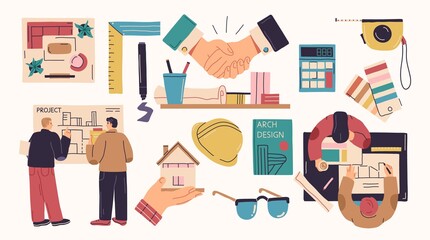 Collection of male and female architects and construction engineers working on architecture project. Vector illustration