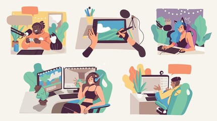 Online streaming concept illustrations. Bloggers, pro gamers, artists and influencers live streaming. Flat vector © stonepic