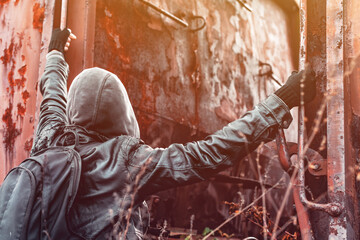 Homeless immigrant climbing on freight train