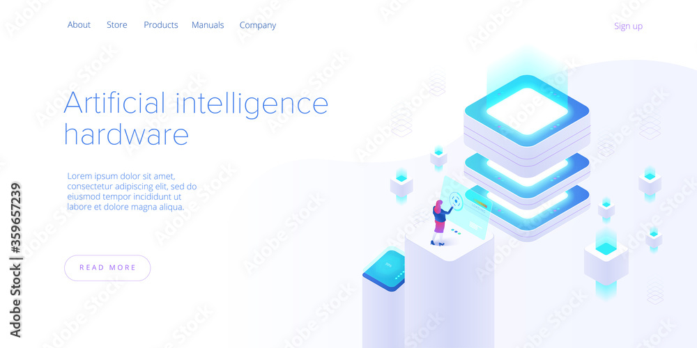 Poster hosting server isometric vector illustration. abstract 3d datacenter or data center room background.