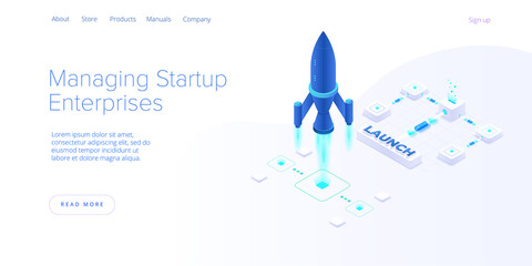 Startup coaching and mentorship concept in isometric vector illustration. Business start up team launching rocket with computer and server. Creative web banner layout template design.