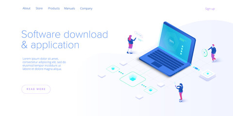 Software download and application isometric vector illustration. Programmers and engeneers working on web app development, coding and testing. Website banner layout template.