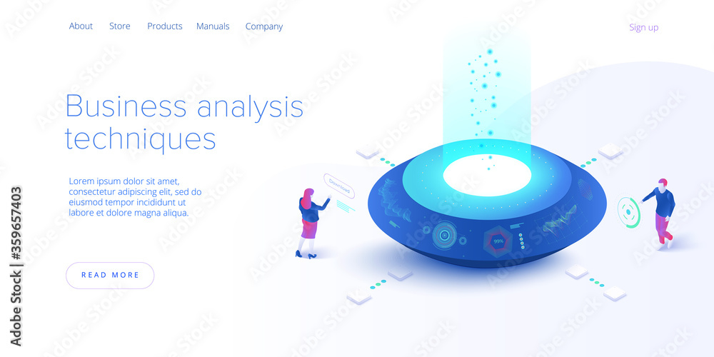 Poster business analysis in isometric vector illustration. data analytics for company marketing solutions o