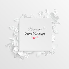 White rose. Square frame with abstract cut flowers. Vector illustration.