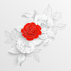 Paper flower. White roses cut from paper. Vector illustration.