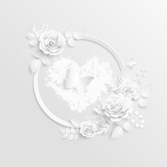 White rose. Round frame with abstract cut flowers. Vector illustration.