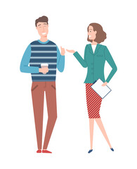 People discussing working problems vector, man and woman talking about project, male holding cup of coffee, female with clipboard and information documents