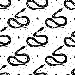 Seamless Pattern Mystical snake with moon and stars. Mystic, alchemy, occult concept.