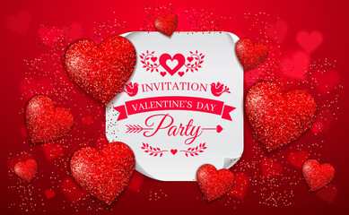 Valentine's Day party flyer. Beautiful invitation with red heart background and realistic shit of paper with rounded corner and ornate lettering. Invitation to nightclub. Vector.
