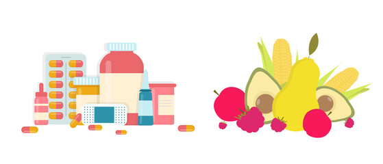 Pills and medications vs fresh fruits and vegetables