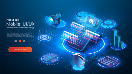 Secure payment isometric concept. Blue Internet banking. Isometric mobile phone banner. Futuristic technology design.  Digital marketing. Cashless society, security transaction via credit card. 